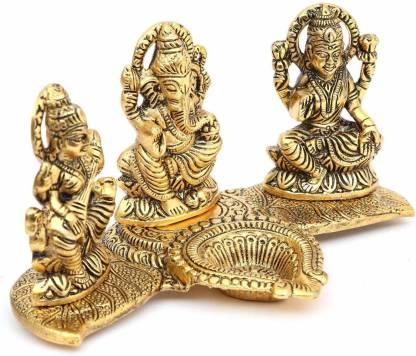 Design Gold Plated Lakshmi Ganesh Saraswati Idol with Deepak Showpiece.