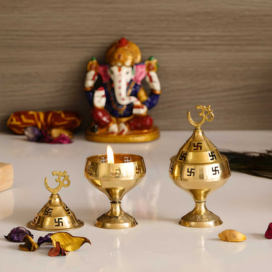 eCraftIndia Set of 2 Om and Swastik Brass Diya.