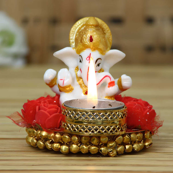 eCraftIndia Lord Ganesha Idol on Decorative Plate with Tea Light Holder.