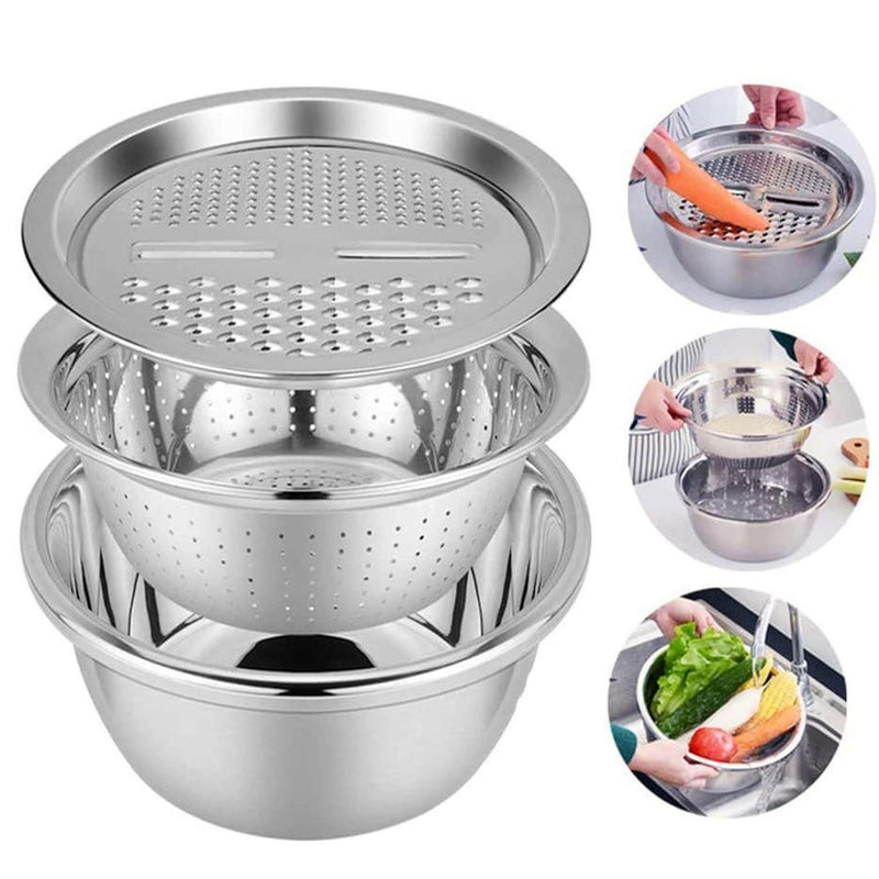 3-in-1 Multifunctional Stainless Steel Grater, Basin & Colander Set