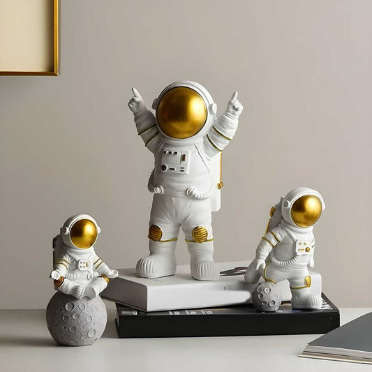 Astronaut Spaceman Statue Ornament Home Office Desktop Figurine Decors Set of 3 - Golden.