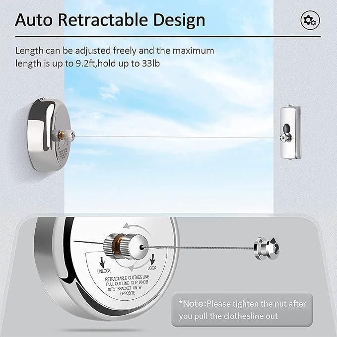 Stainless Steel Retractable Clothesline – 9.2 ft