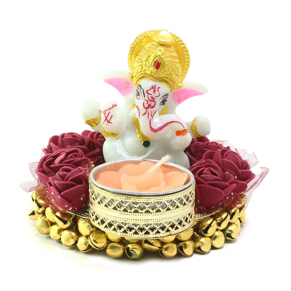 eCraftIndia Lord Ganesha Idol on Decorative Plate with Tea Light Holder.