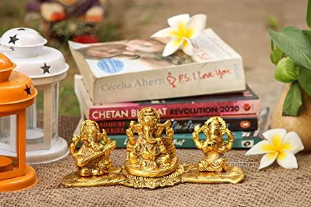 Design Gold Plated Lakshmi Ganesh Saraswati Idol with Deepak Showpiece.