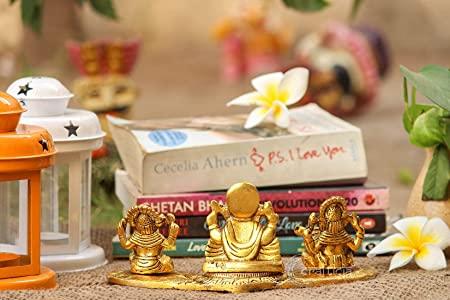 Design Gold Plated Lakshmi Ganesh Saraswati Idol with Deepak Showpiece.