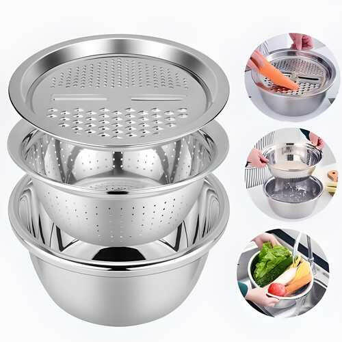 3-in-1 Multifunctional Stainless Steel Grater, Basin & Colander Set