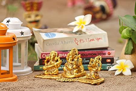 Design Gold Plated Lakshmi Ganesh Saraswati Idol with Deepak Showpiece.